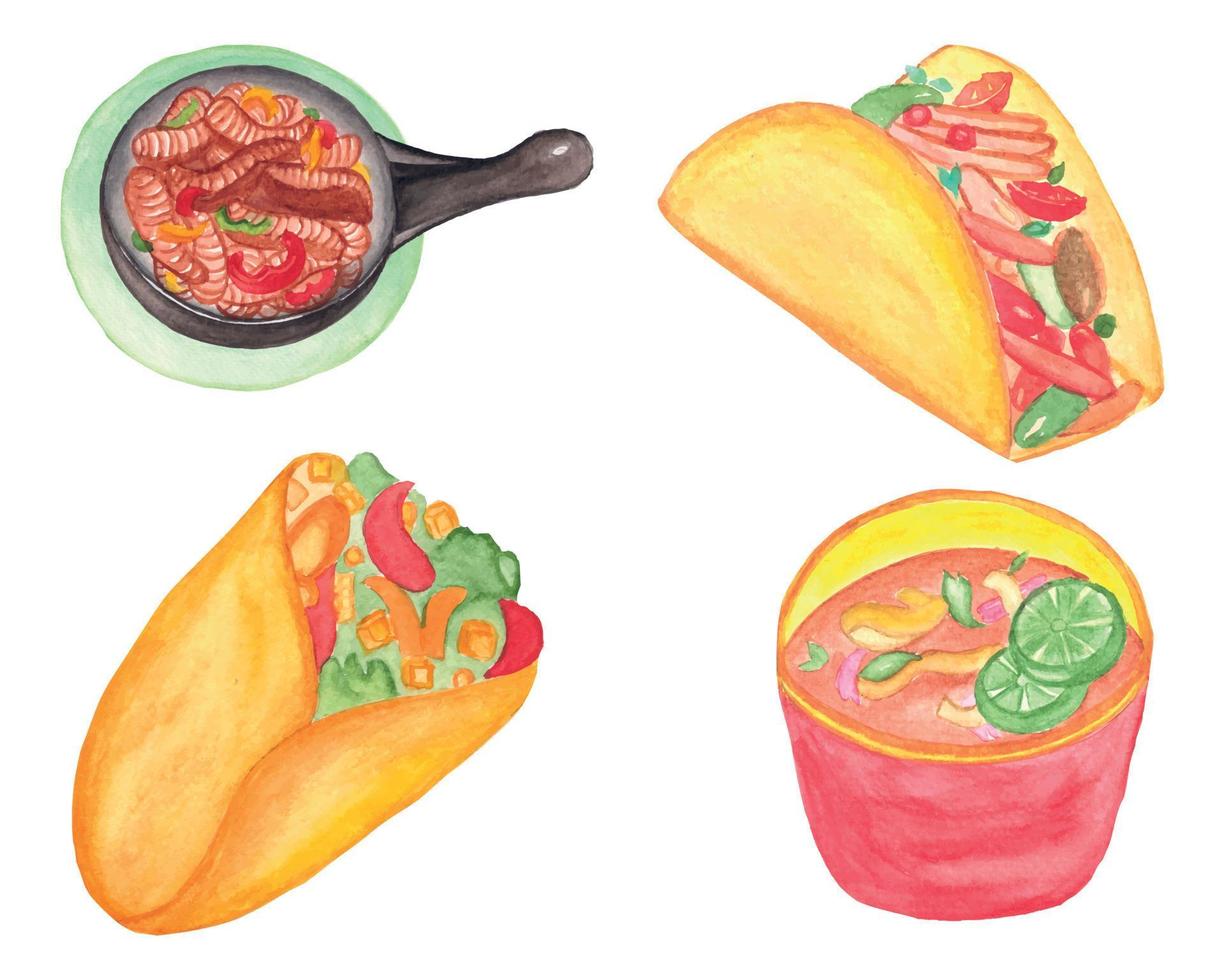 conjunto de clipart de comida mexicana em aquarela, clipart de comida latino-americana em aquarela vetor