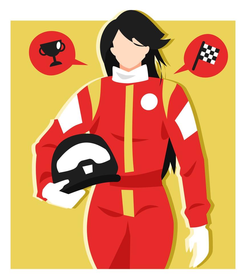 ilustração de um piloto feminino segurando um capacete. andar. ícone do troféu equipado, ícone da bandeira de corrida. o conceito de esportes, pilotos, profissões, ideais, beleza etc. vetor plano