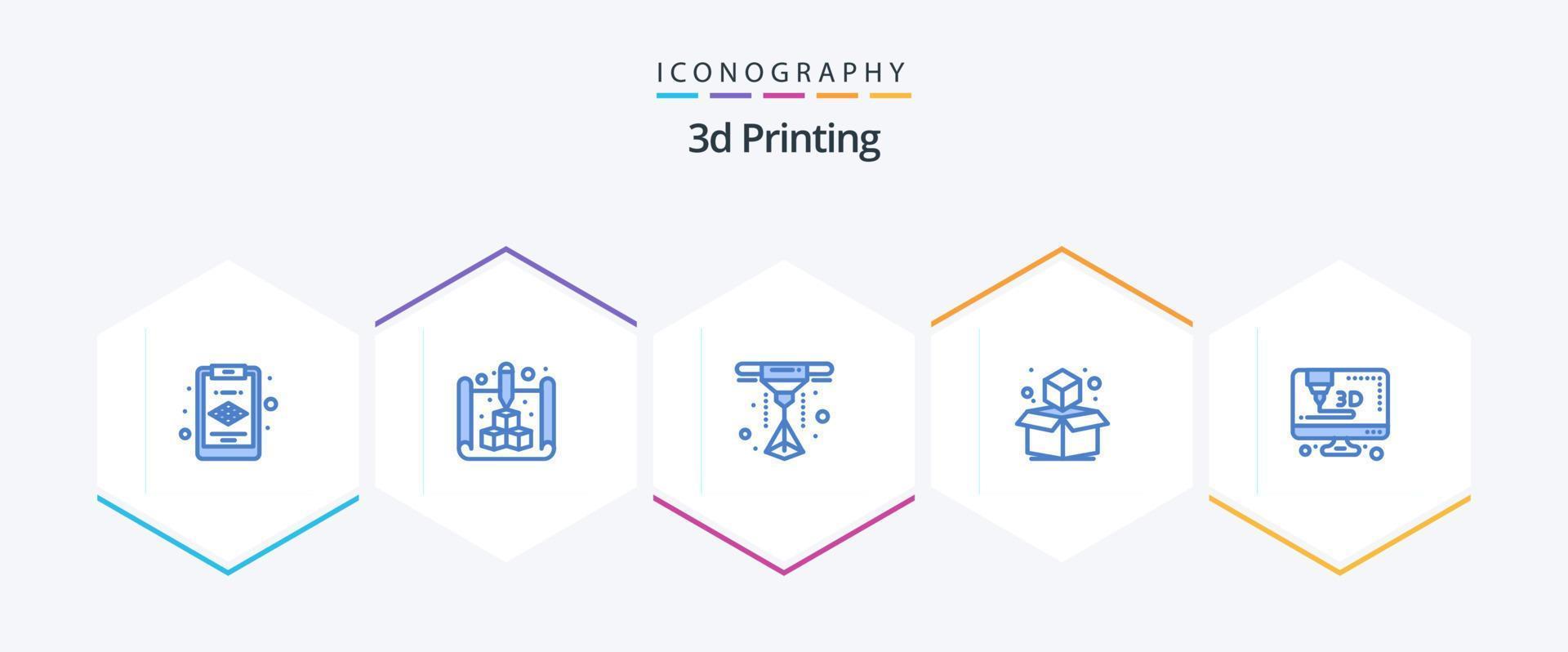 Pacote de ícones azuis de impressão 3D 25, incluindo impressora. laser. 3d. geométrico vetor