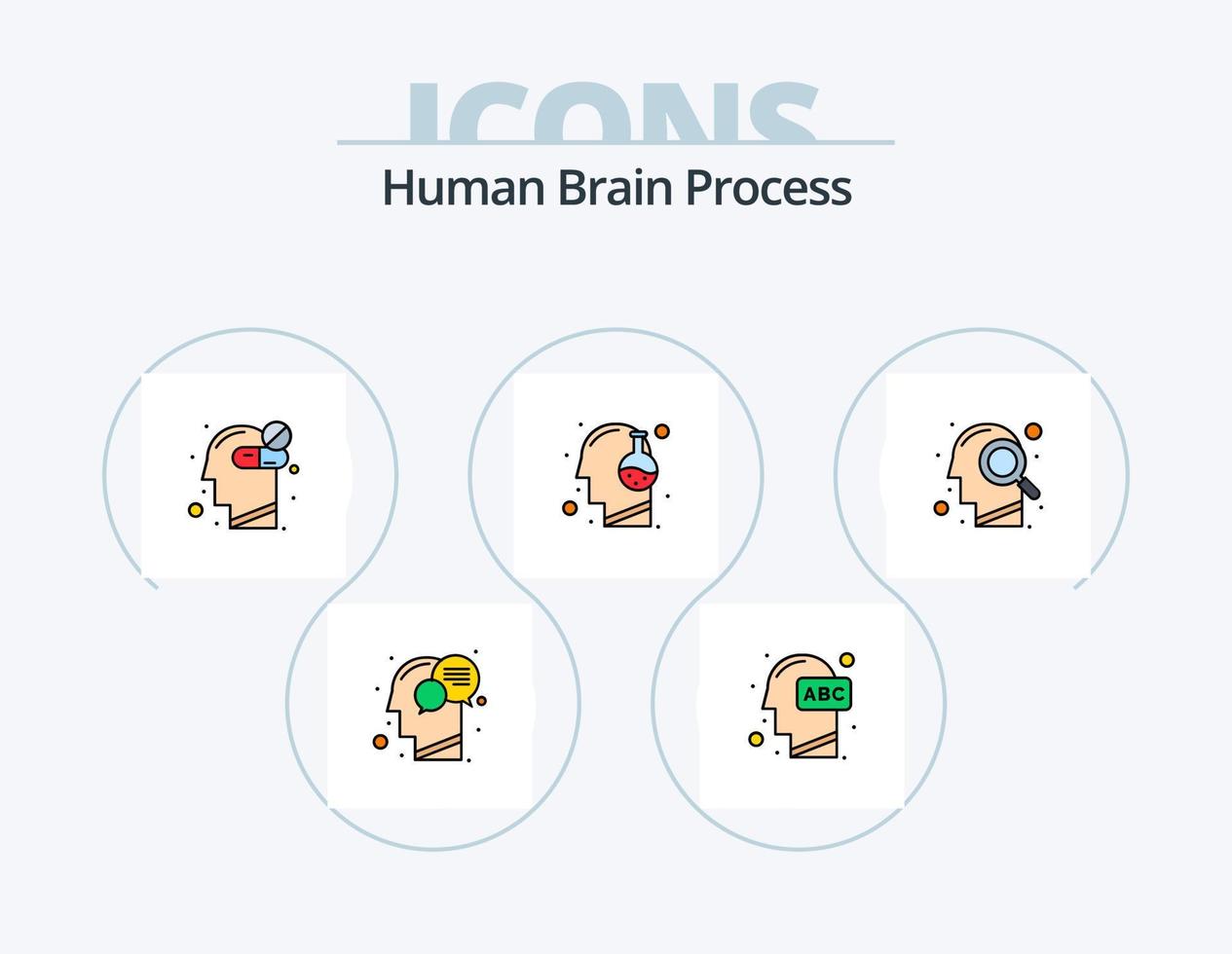 linha de processo do cérebro humano cheia de ícones do pacote 5 design de ícones. cabeça. análise. mental. escrever. mente vetor