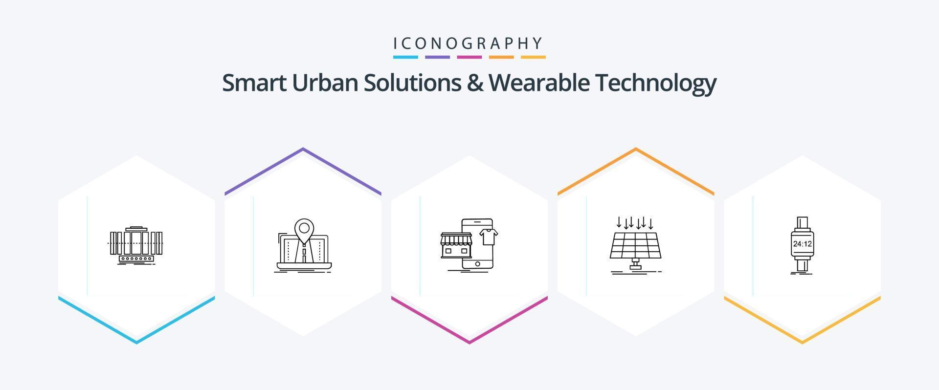 soluções urbanas inteligentes e tecnologia vestível Pacote de ícones de 25 linhas, incluindo energia. solar. GPS. comprar. comprar vetor