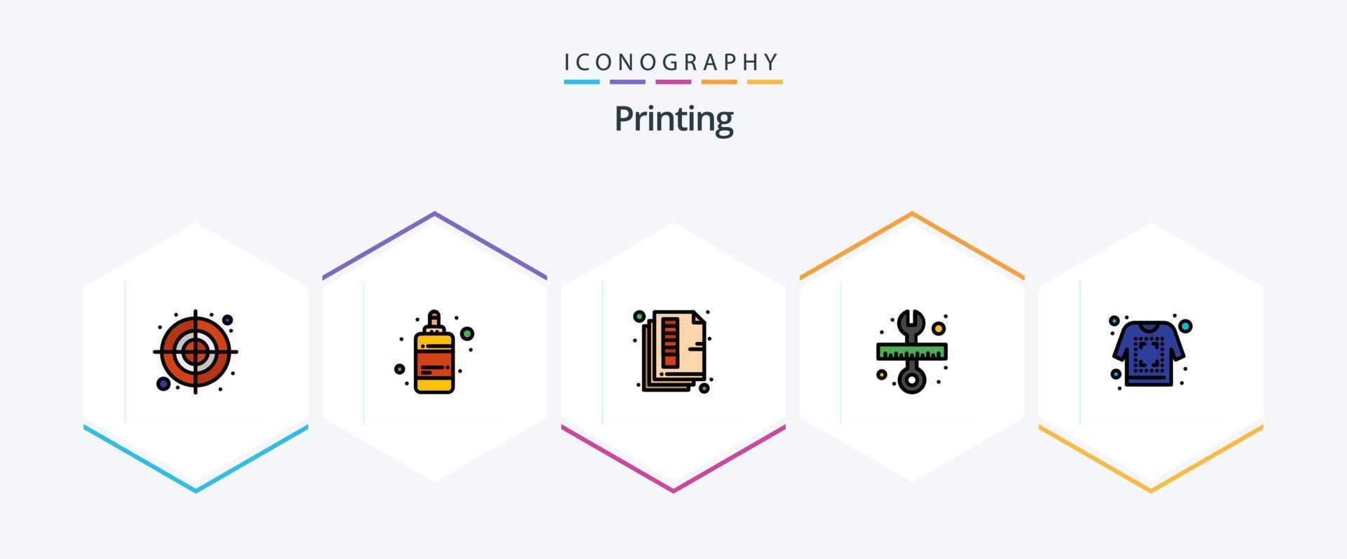 imprimindo 25 pacotes de ícones de linhas preenchidas, incluindo impressão. chave inglesa. documento. ferramenta. cor vetor