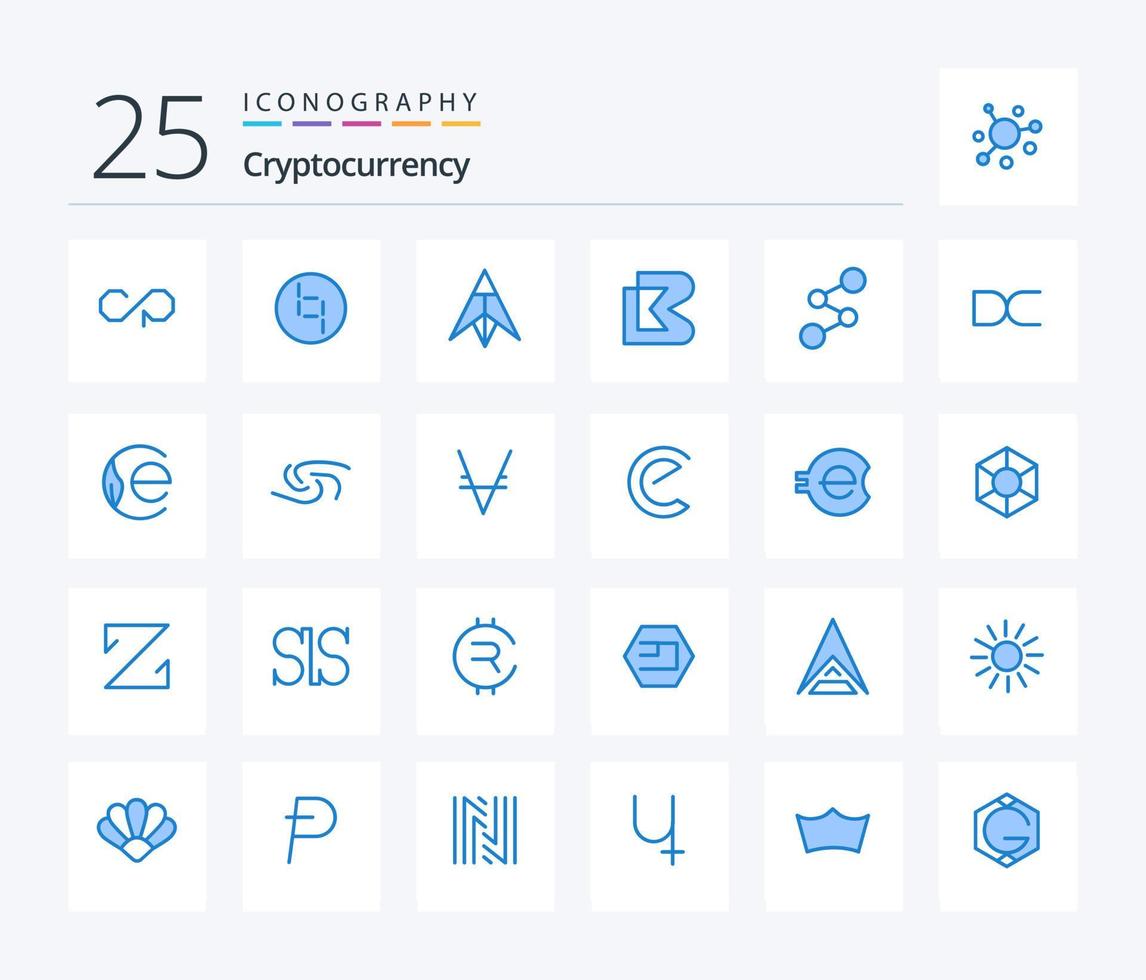 pacote de ícones de 25 cores azuis de criptomoeda, incluindo moedas. moeda criptográfica. dubaicoin. cripto. bit bay vetor