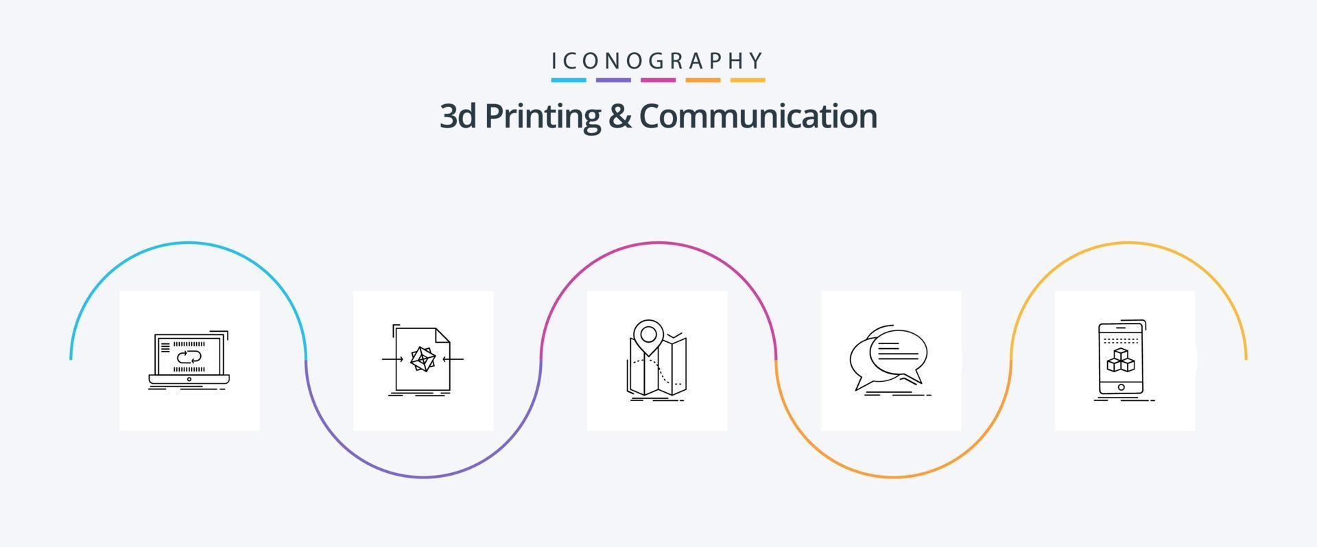 Pacote de ícones de impressão 3D e linha de comunicação 5, incluindo comunicação. bolha. objeto. rota. mapa vetor