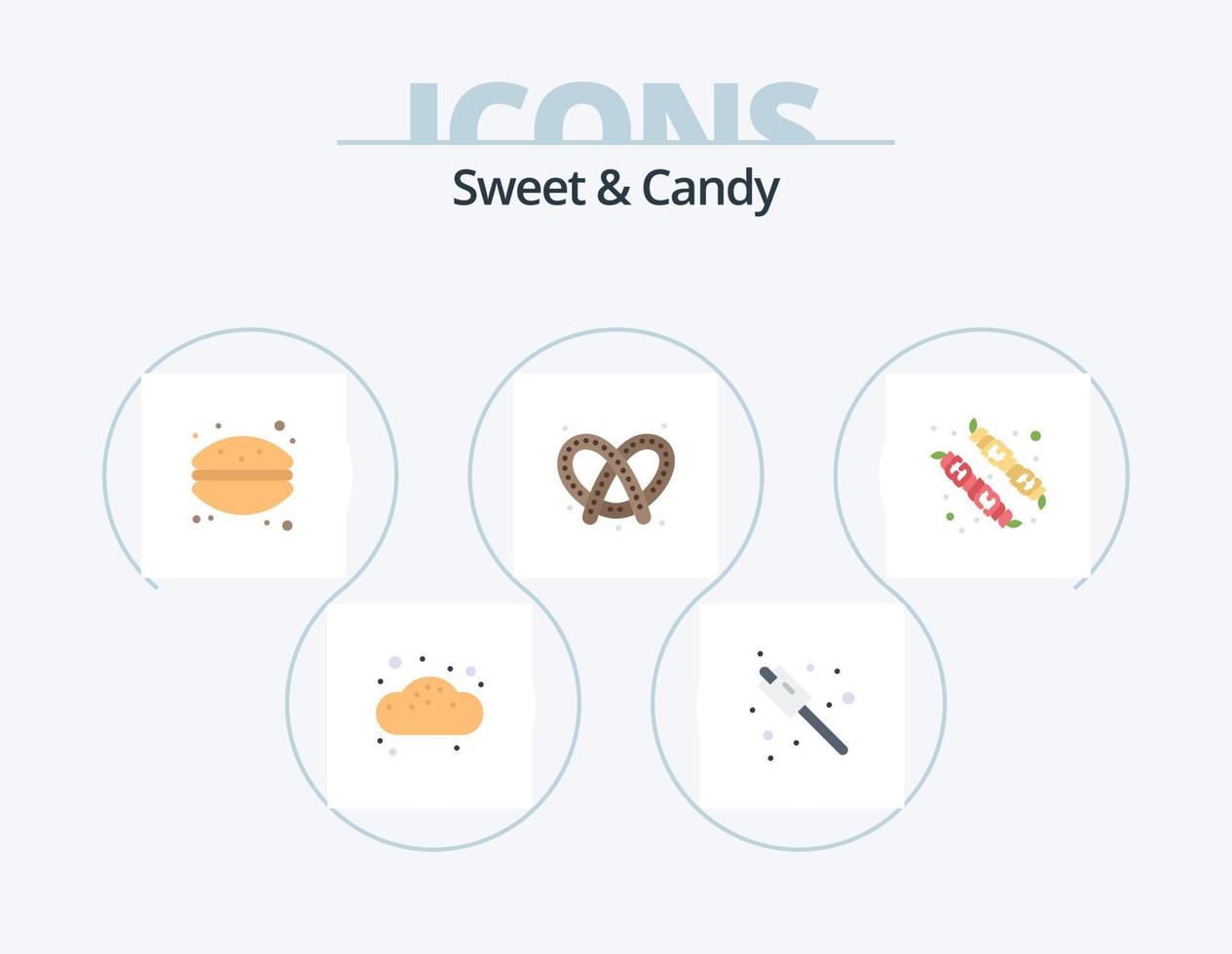 design de ícone plano de pacote de 5 ícones doces e doces. marshmallow. acampamento. sobremesa. pretzel. pão vetor