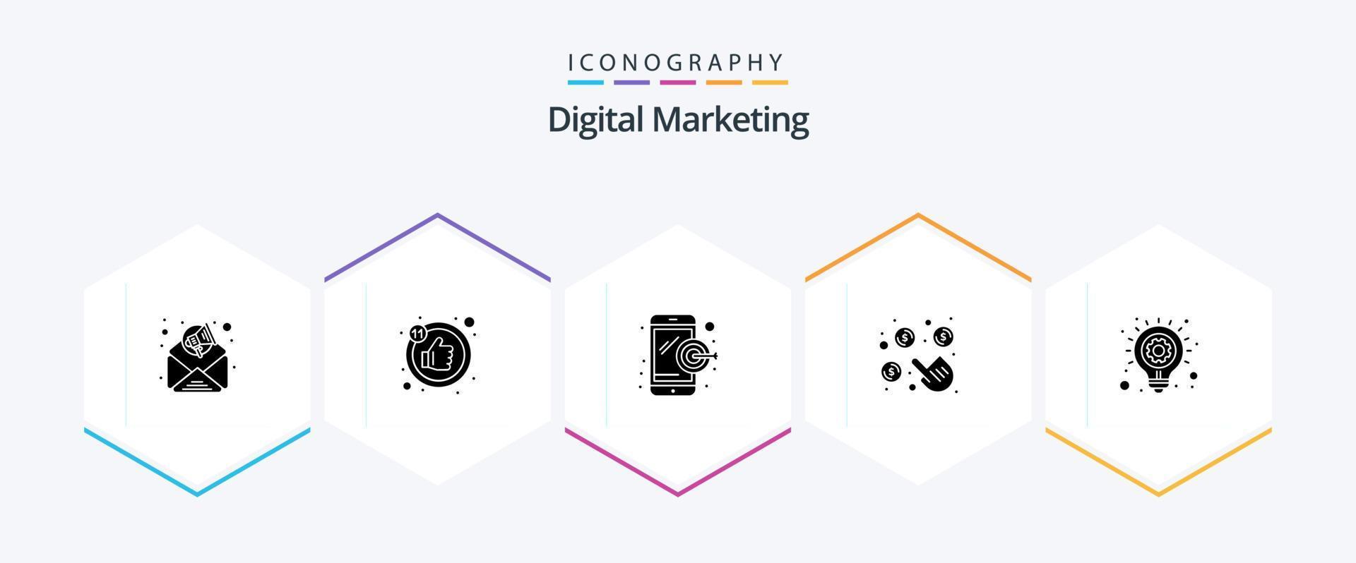 pacote de ícones de 25 glifos de marketing digital, incluindo . luz. móvel. ideia. dinheiro vetor