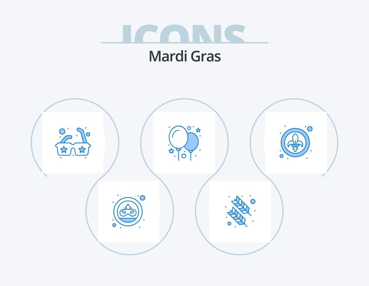 Mardi gras blue icon pack 5 design de ícones. lis. festival. copos. decoração. balões vetor