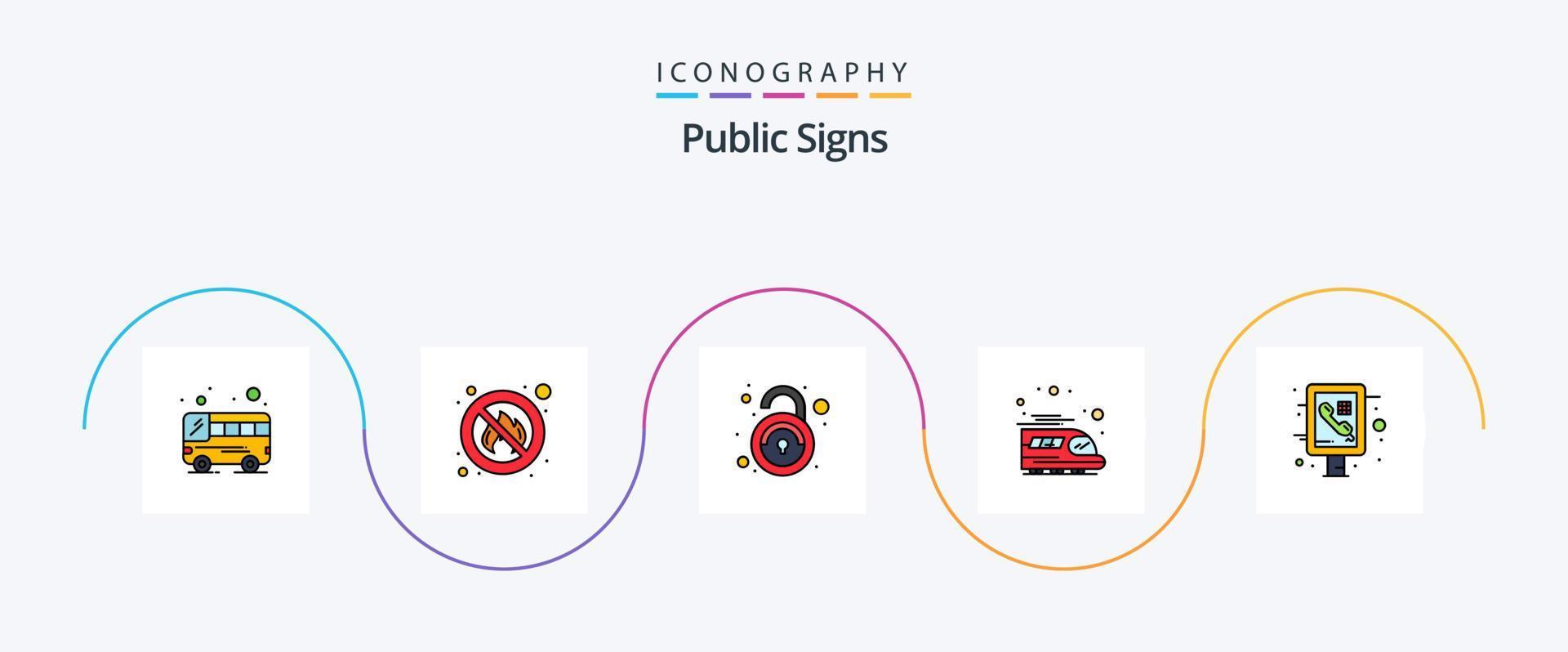 linha de sinais públicos preenchida com 5 ícones planos, incluindo público. Informação. desbloquear. infográfico. trem vetor