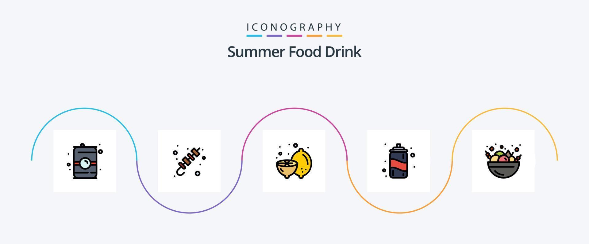 linha de bebida de comida de verão cheia de pacote de 5 ícones plana, incluindo verão. verão. verão. água. fruta vetor