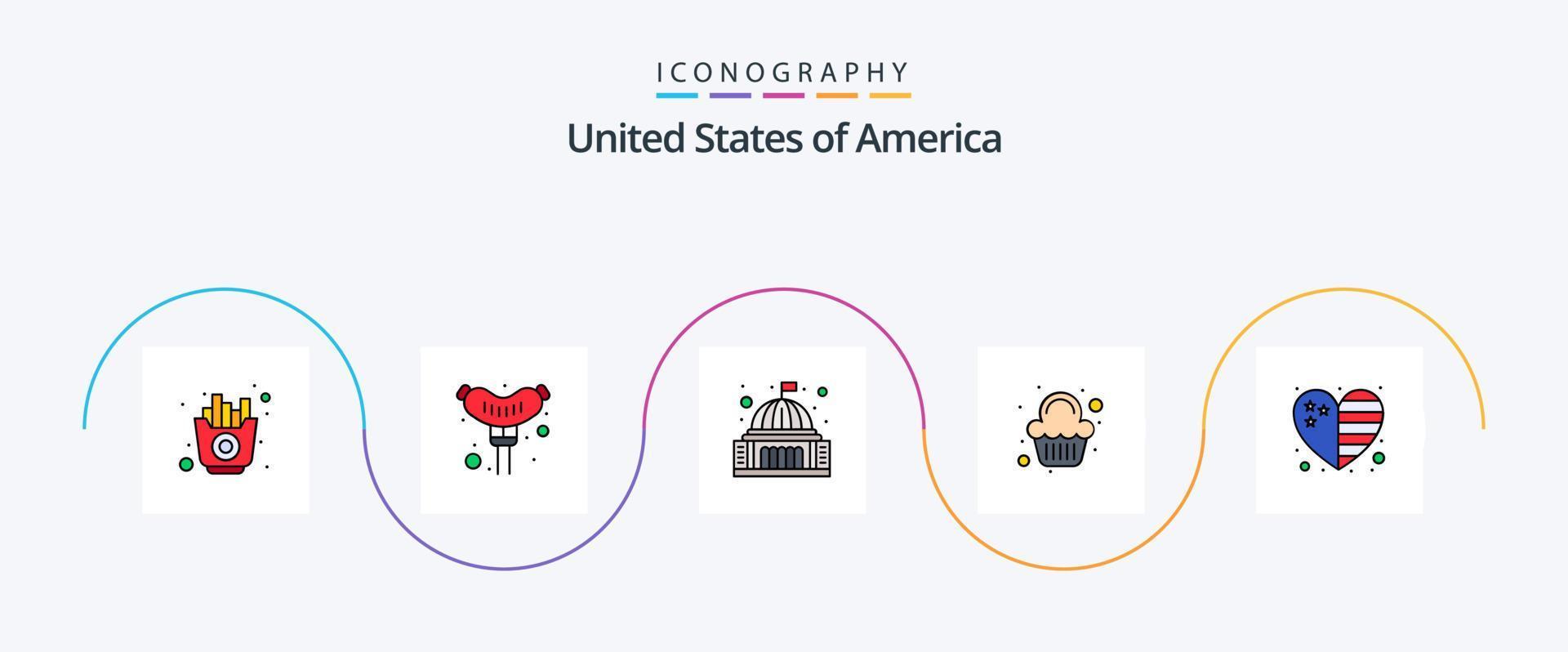Linha dos EUA cheia de pacote de ícones planos 5, incluindo país. celebração. prédio. doce. bolo vetor