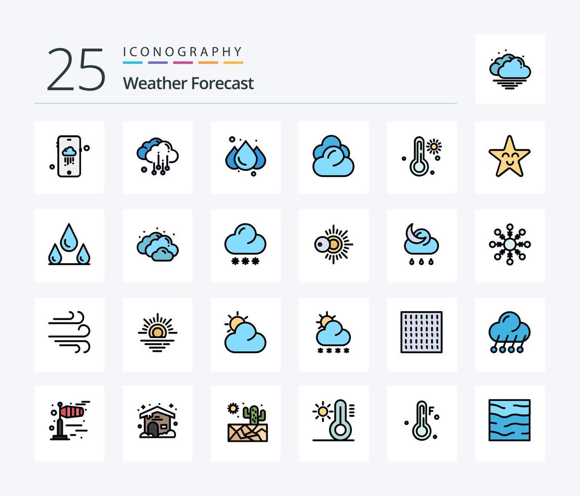pacote de ícones preenchidos com 25 linhas de clima, incluindo rosto. clima. clima. temperatura. armazenar vetor
