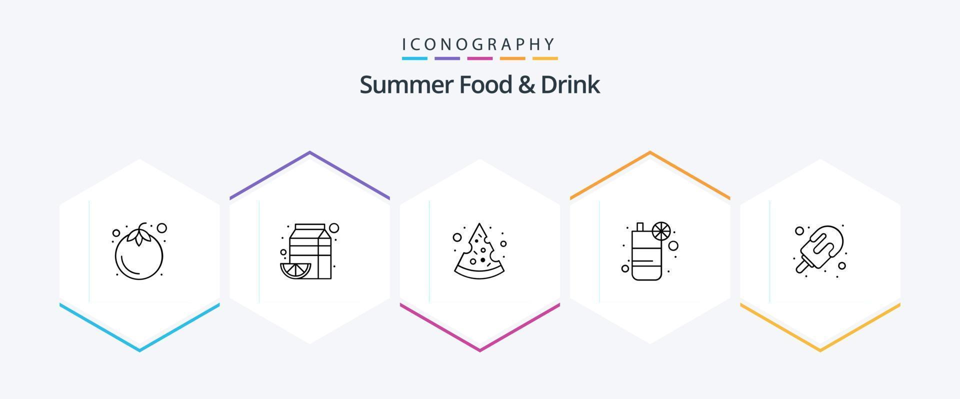 pacote de ícones de 25 linhas de comida e bebida de verão, incluindo sorvete. suco. pacote. fruta. comida vetor
