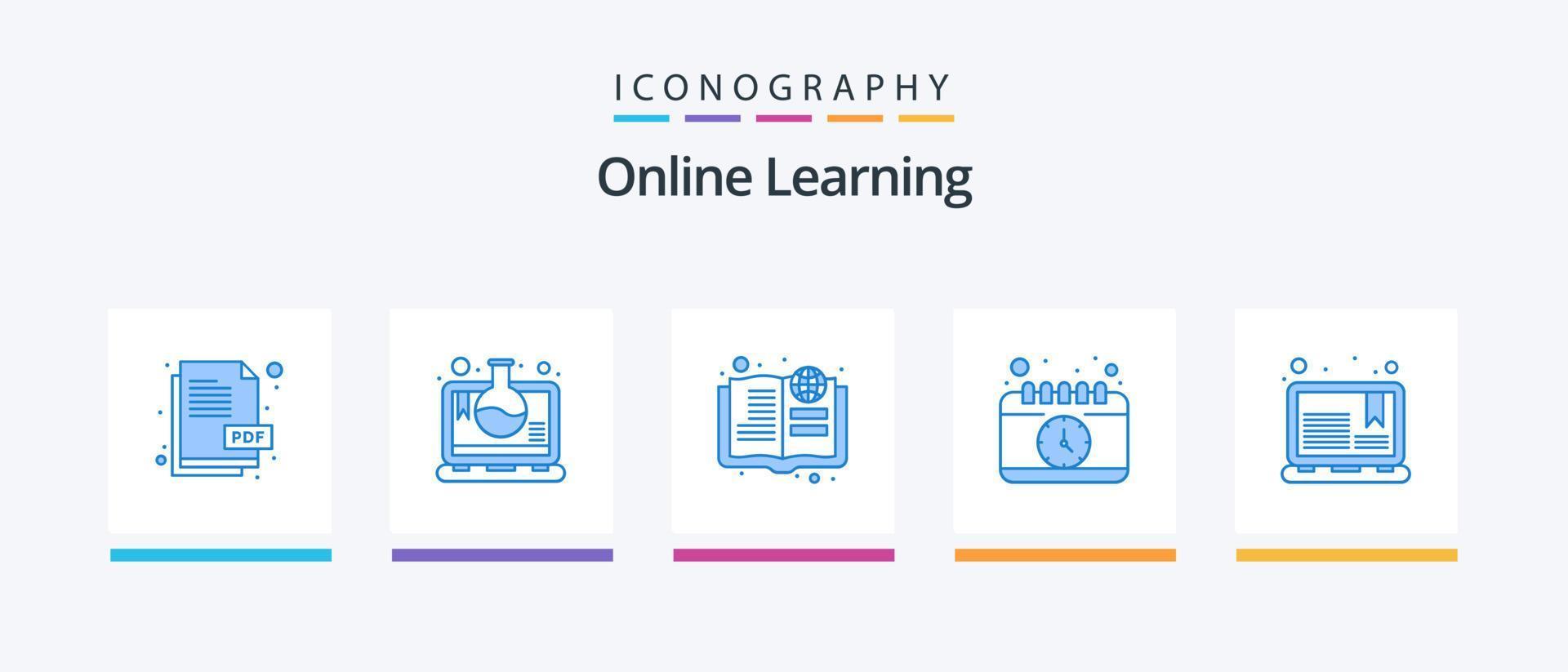 pacote de ícones azul 5 de aprendizado on-line, incluindo laptop. tempo. Educação. estudar. relógio. design de ícones criativos vetor