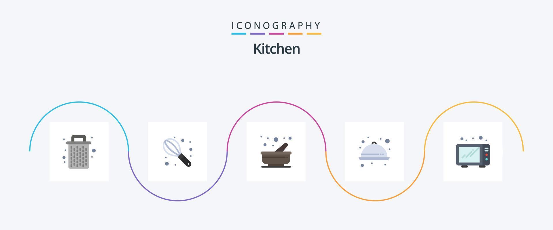 pacote de ícones de cozinha plana 5, incluindo micro-ondas. comida. cozinha. louça. cozinha vetor