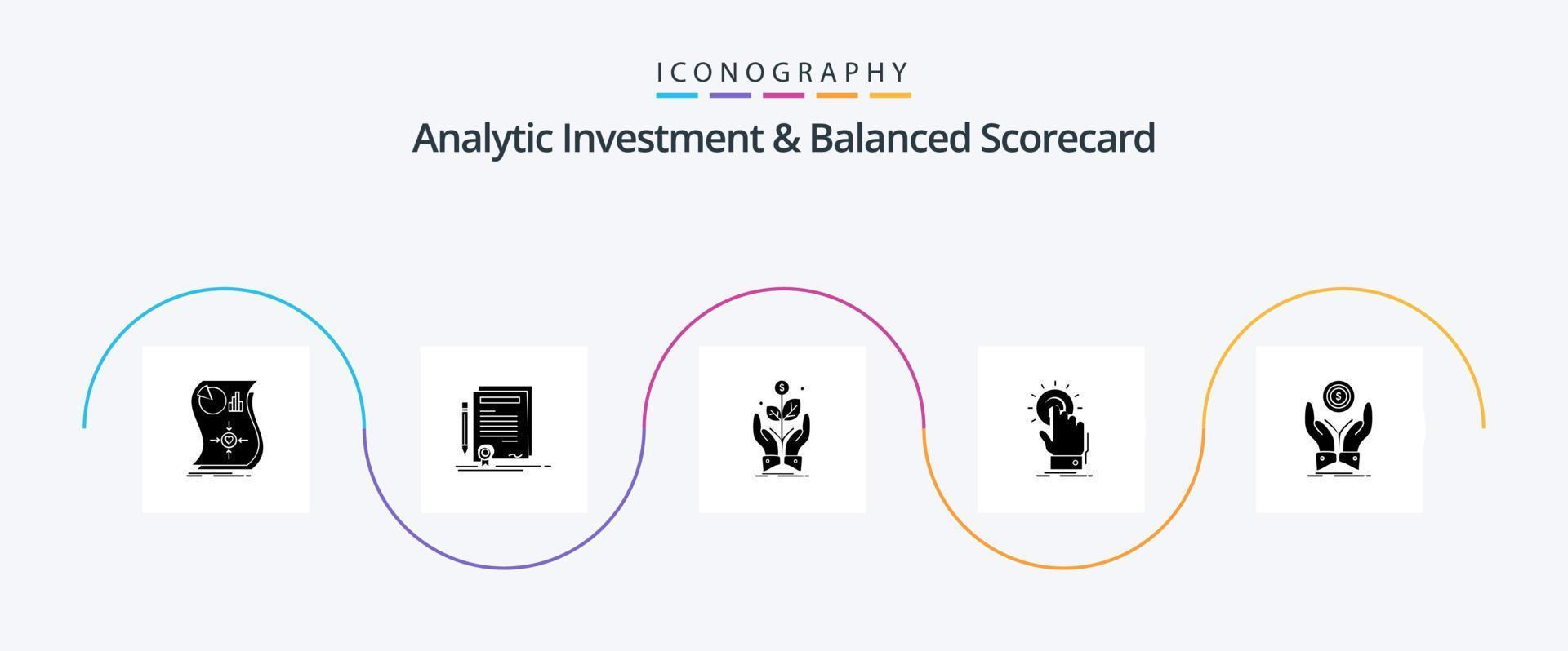 investimento analítico e pacote de ícones Balanced Scorecard Glyph 5 incluindo mão. tocar. grau. ascender. crescimento vetor