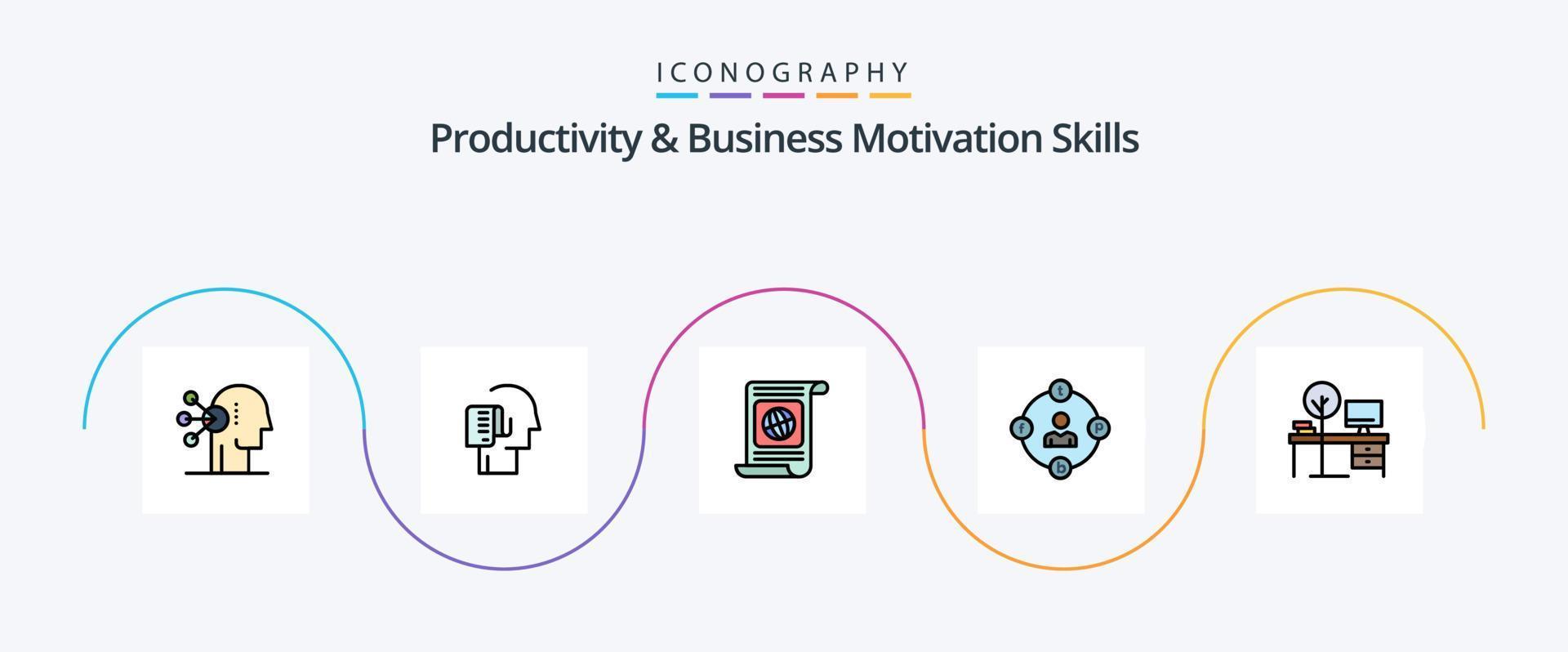 linha de habilidades de produtividade e motivação de negócios preenchida com 5 ícones planos, incluindo mídia. comunicação. tarefas. mídia social. mundo vetor