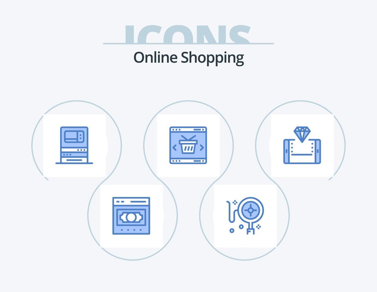 design de ícones do pacote de 5 ícones azuis de compras on-line. loja. on-line. atm. cesta. retirar vetor