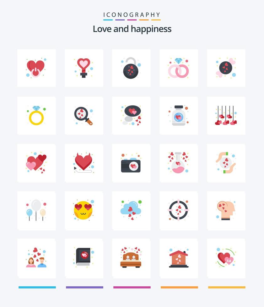 pacote de ícones planos de amor criativo 25, como amor. anel. casamento. presente. coração vetor
