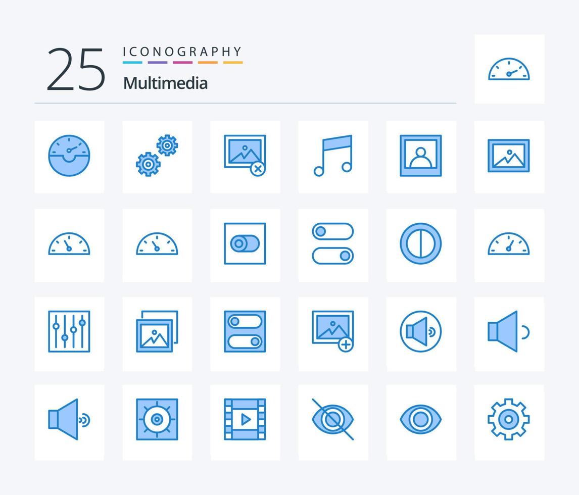 pacote de ícones multimédia de 25 cores azuis, incluindo medidor. imagem. foto. álbum. homem vetor