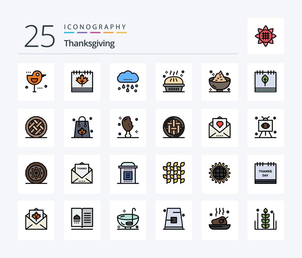 pacote de ícones cheios de 25 linhas de ação de graças, incluindo torta de abóbora. feriado. folha. jantar. Ação de graças vetor