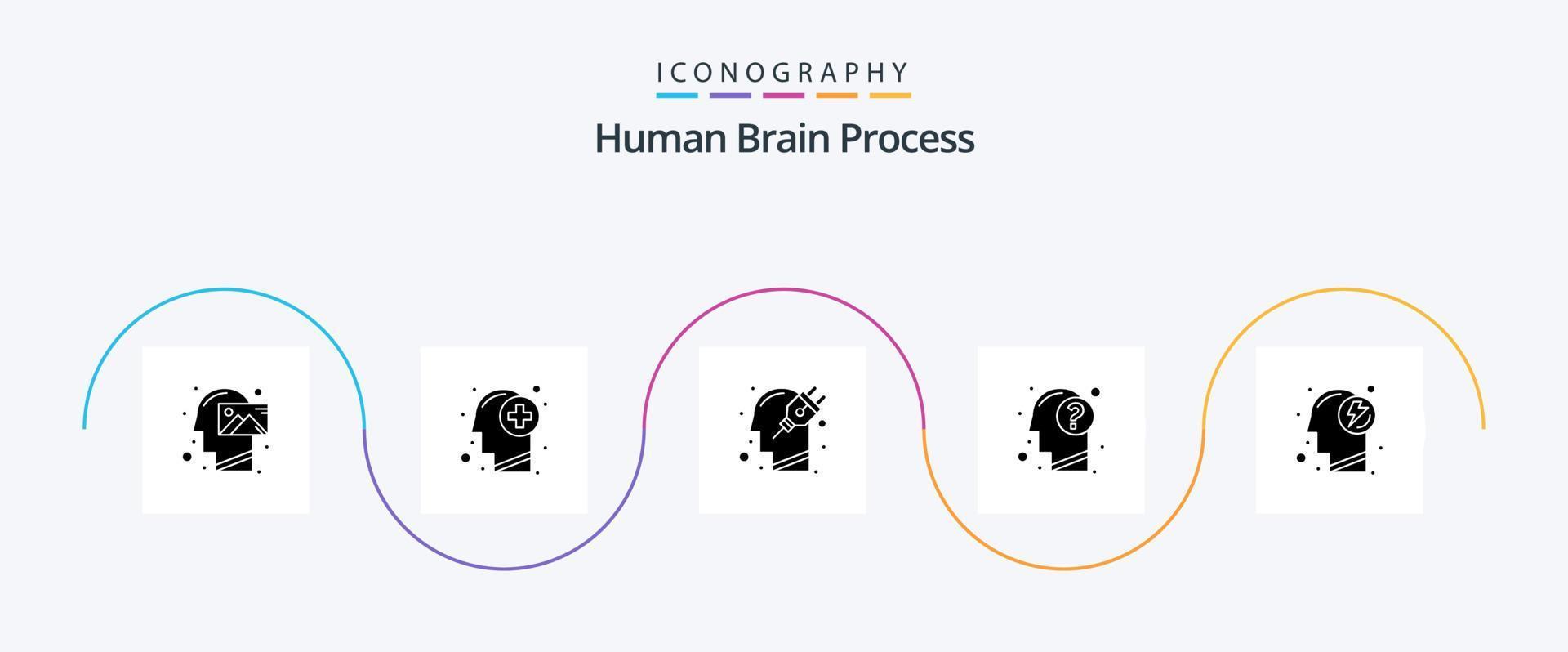 pacote de ícones do glifo 5 do processo do cérebro humano, incluindo cabeça. responder. mente. plugar. mente vetor