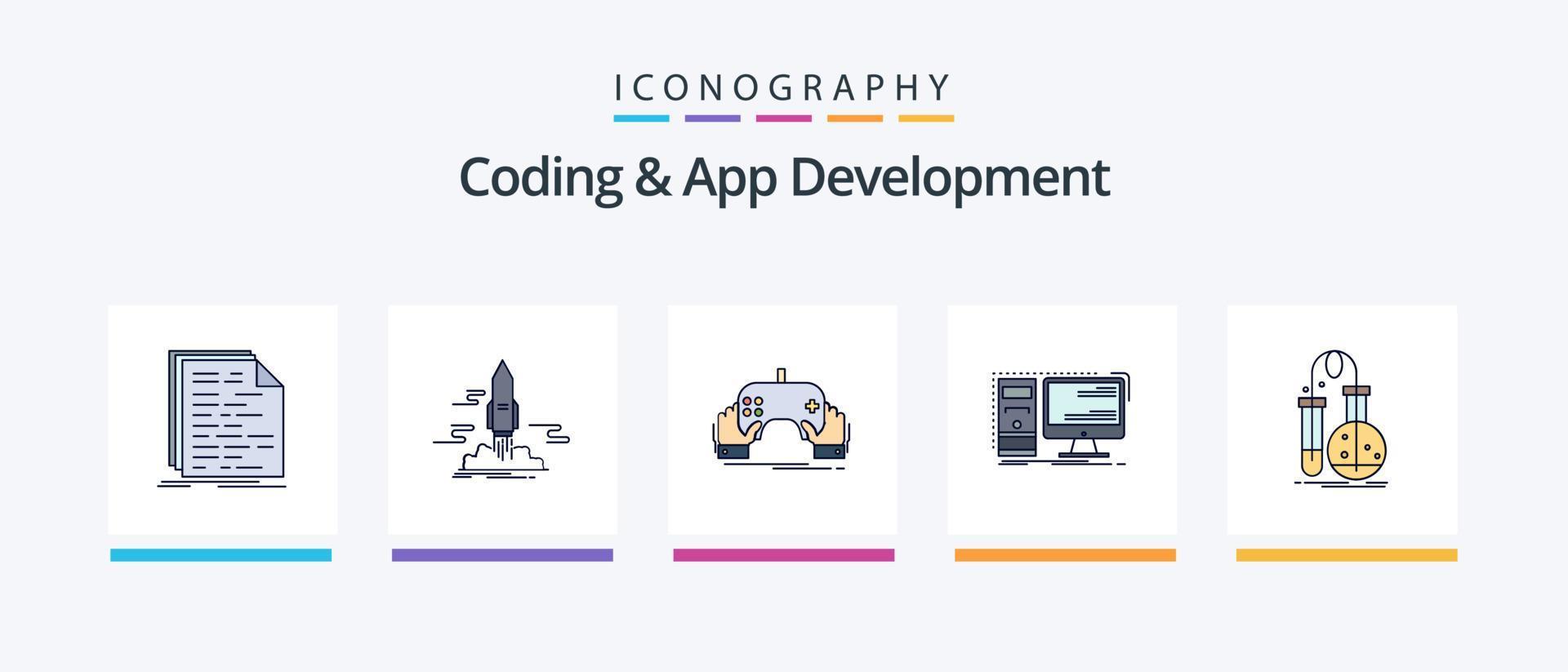 a linha de codificação e desenvolvimento de aplicativos preencheu o pacote de 5 ícones, incluindo o aplicativo. certificado. Internet. projeto. do utilizador. design de ícones criativos vetor