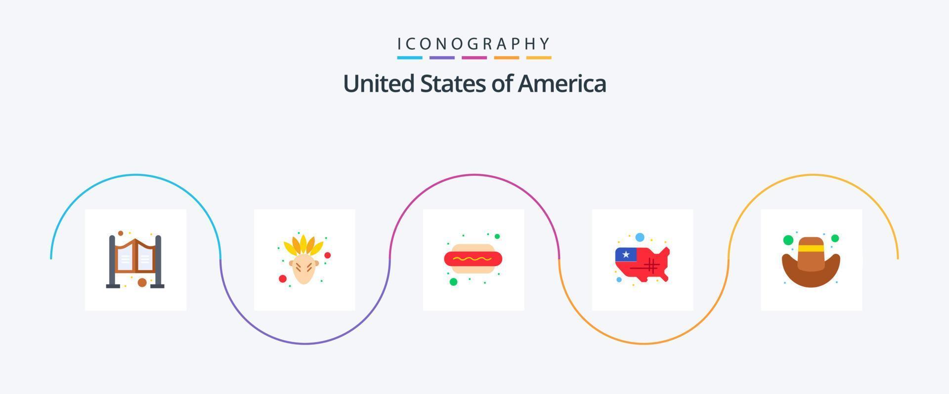 Pacote de ícones EUA Flat 5, incluindo chapéu. americano. cachorro. EUA. estados vetor