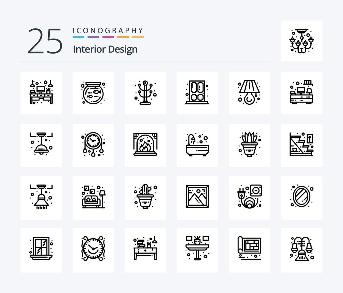 pacote de ícones de 25 linhas de design de interiores, incluindo luz. janela. roupas. casa. porta vetor