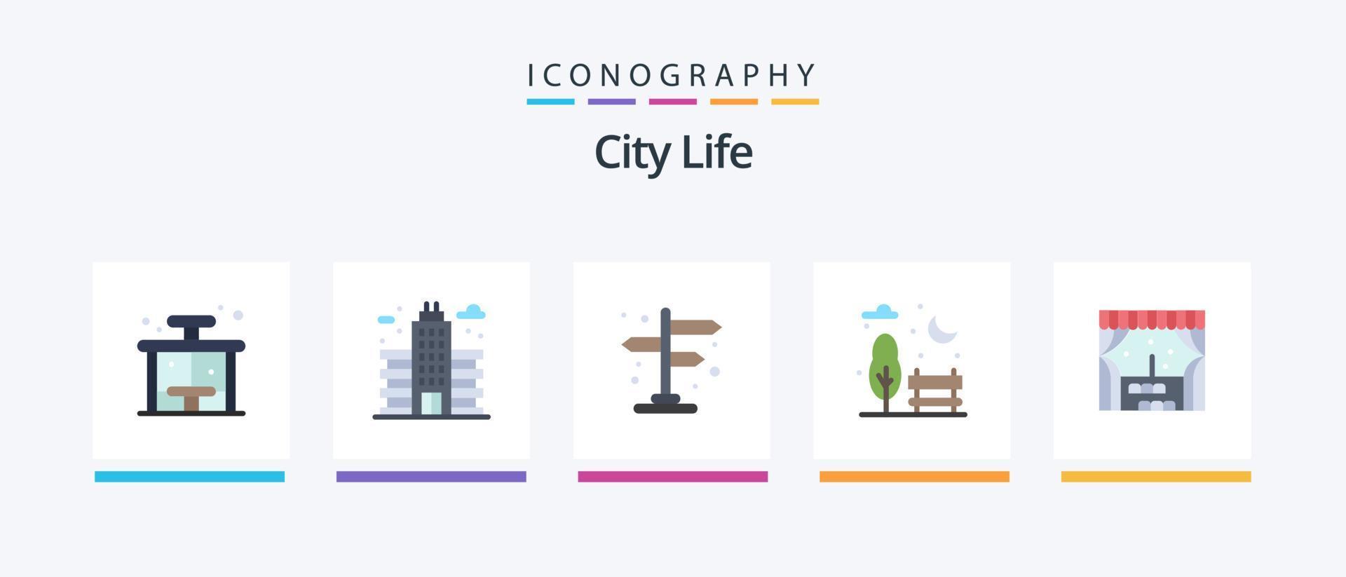 pacote de ícones plana 5 da vida na cidade, incluindo janela. prédio. cidade. parque. banco. design de ícones criativos vetor