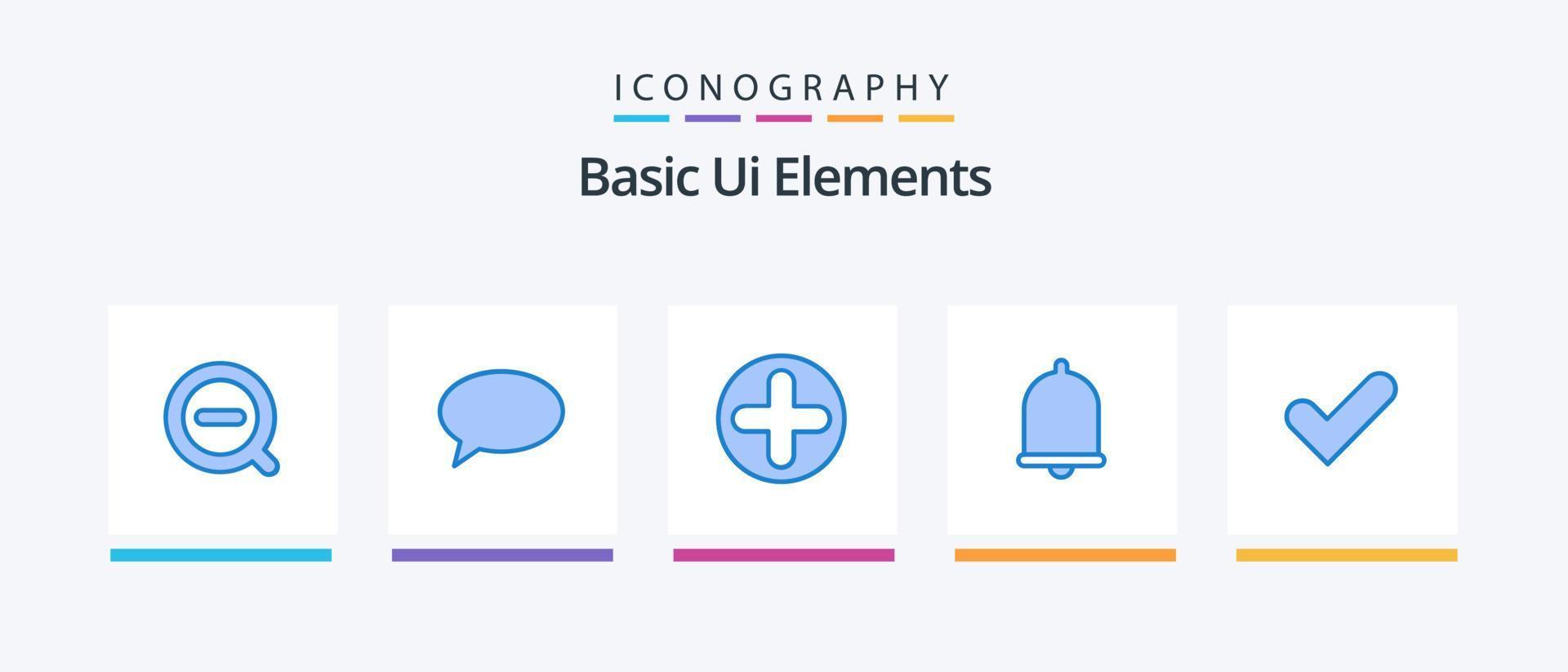 elementos básicos da interface do usuário azul 5 pacote de ícones incluindo ok. som. mais. notificação. alerta. design de ícones criativos vetor