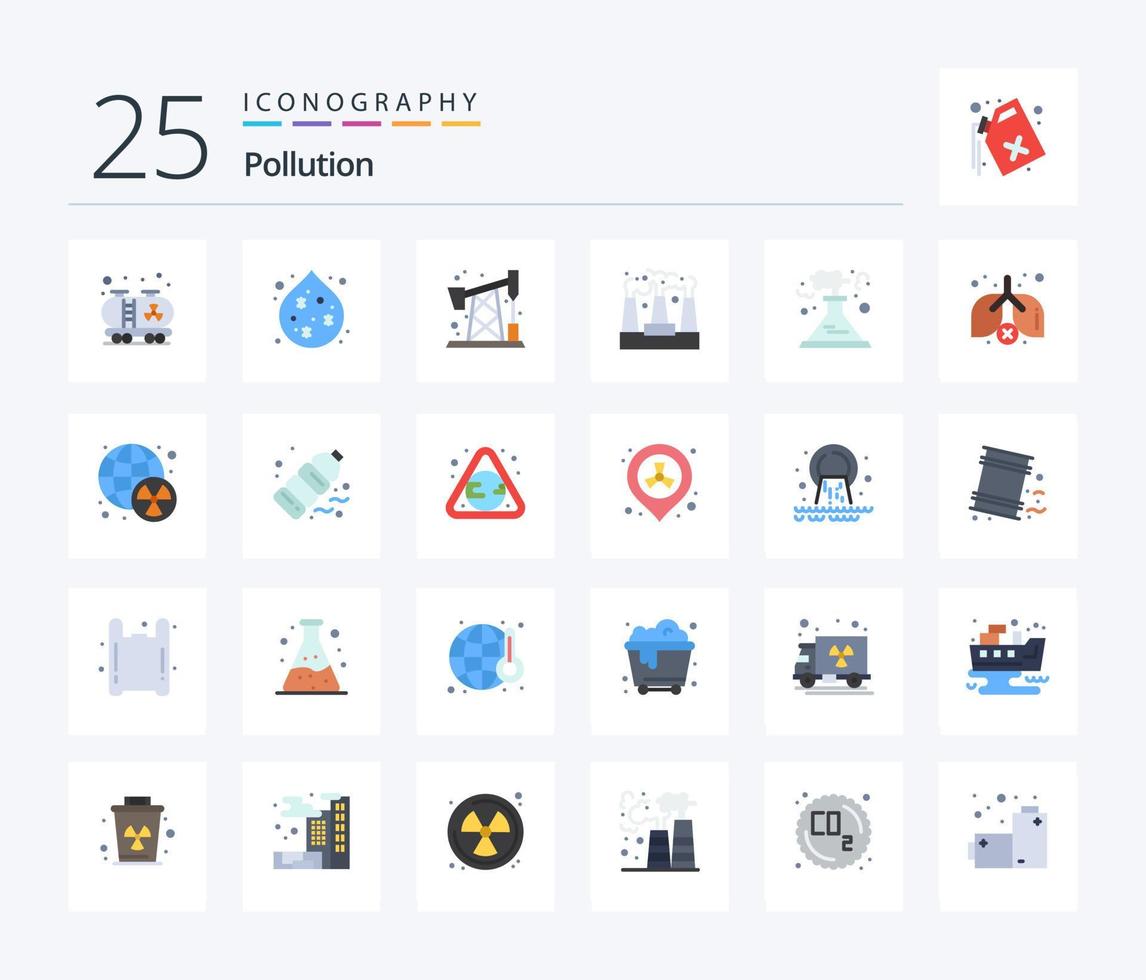 pacote de ícones de 25 cores planas de poluição, incluindo radioativo. desperdício. desperdício. poluição. fumaça vetor