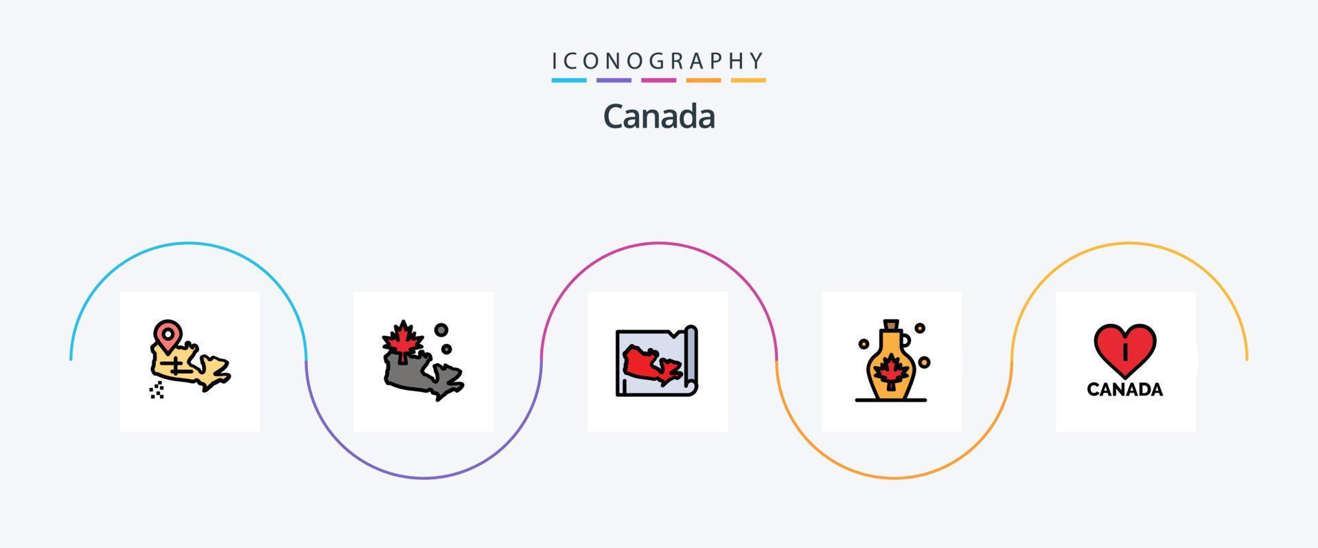 Linha do Canadá preenchida com 5 ícones planos, incluindo . coração. Canadá. amor. pote de água vetor