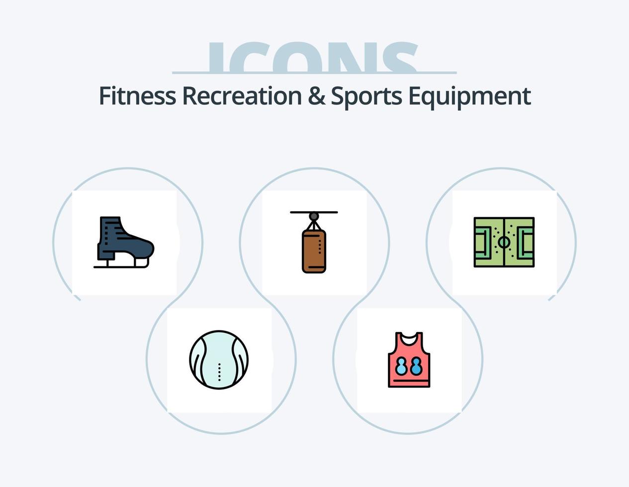 recreação de fitness e linha de equipamentos esportivos cheios de ícones do pacote 5 design de ícones. campo. esporte. bota. peteca. patinação vetor