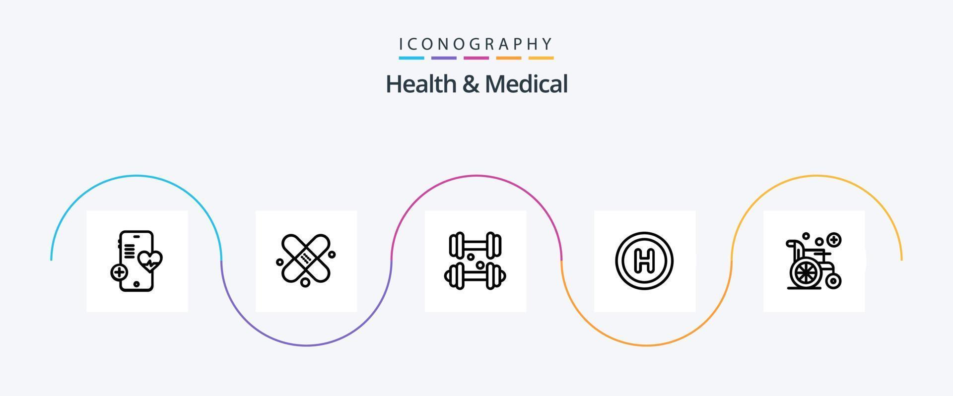 saúde e linha médica 5 pacote de ícones incluindo . roda. fitness. médico. hospital vetor