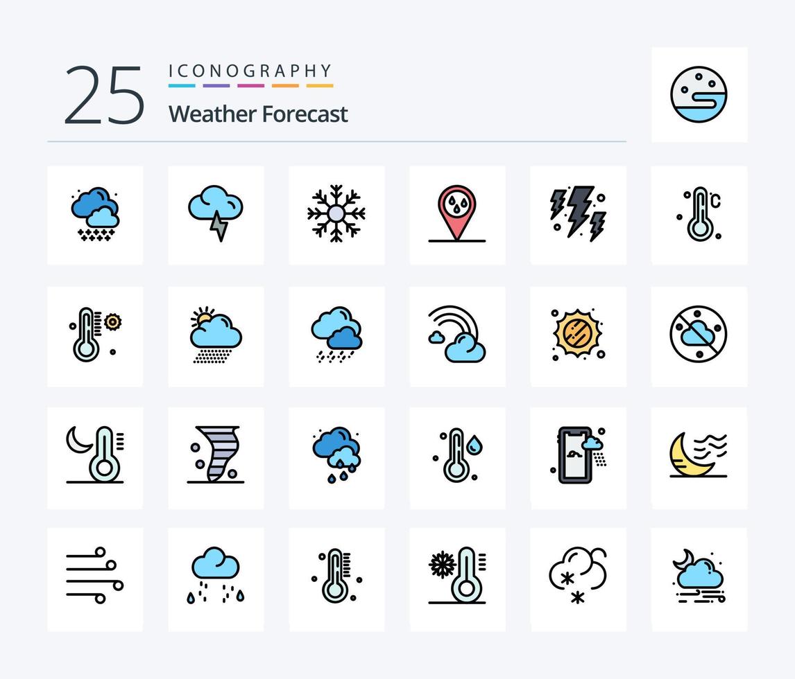 pacote de ícones preenchidos com 25 linhas de clima, incluindo clima. energia. neve. parafuso. chovendo vetor