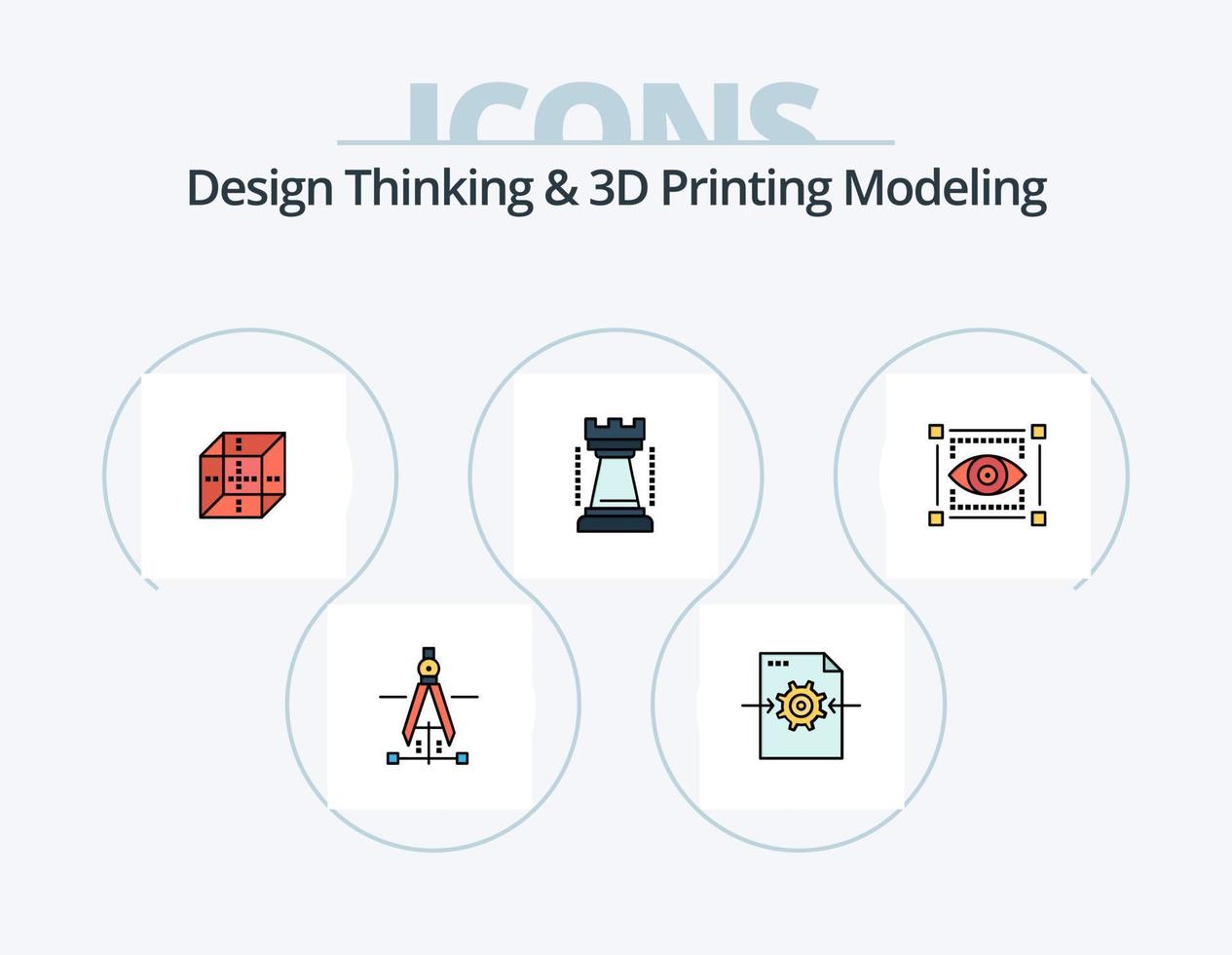 design thinking e impressão d linha de modelagem cheia de ícones pack 5 design de ícones. lápis . Engenharia. 3d. Educação. bússola vetor