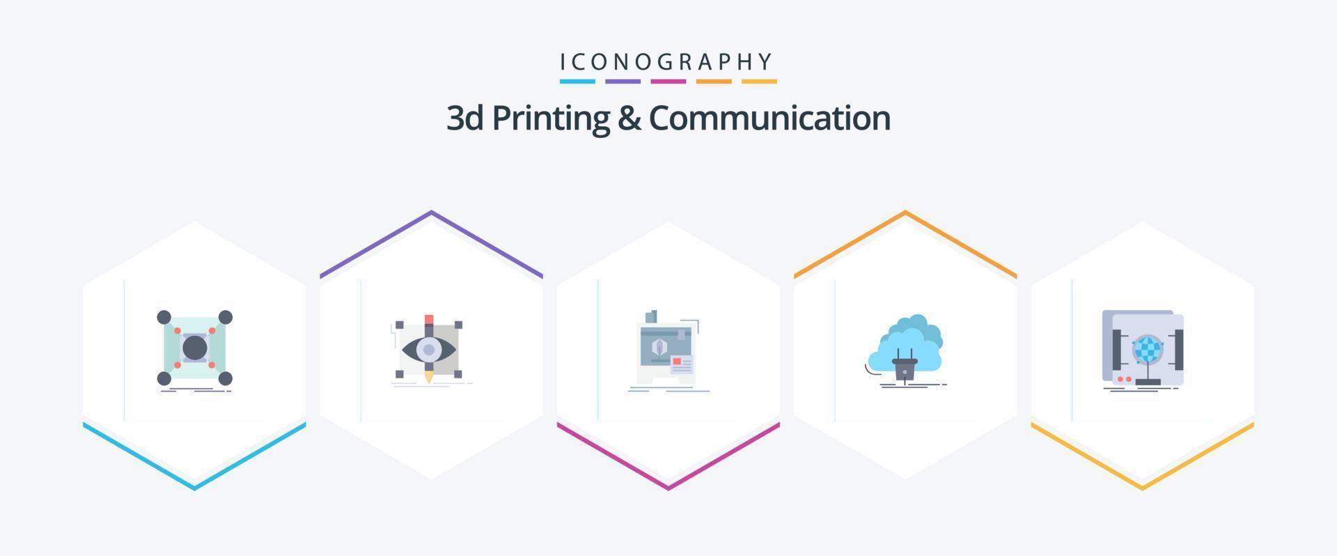 Impressão 3D e comunicação 25 pacotes de ícones planos, incluindo energia. nuvem. desenhando. impressão. máquina vetor