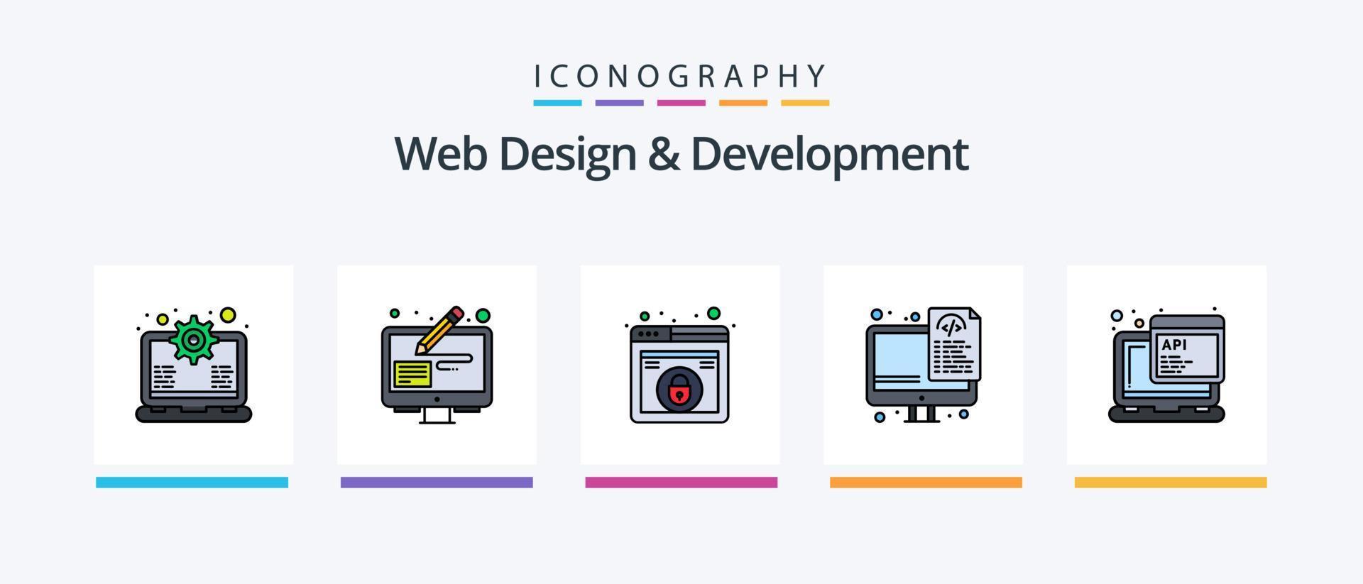 linha de design e desenvolvimento da web cheia de 5 ícones, incluindo web. serviço. ferramenta. arquivos. otimização. design de ícones criativos vetor