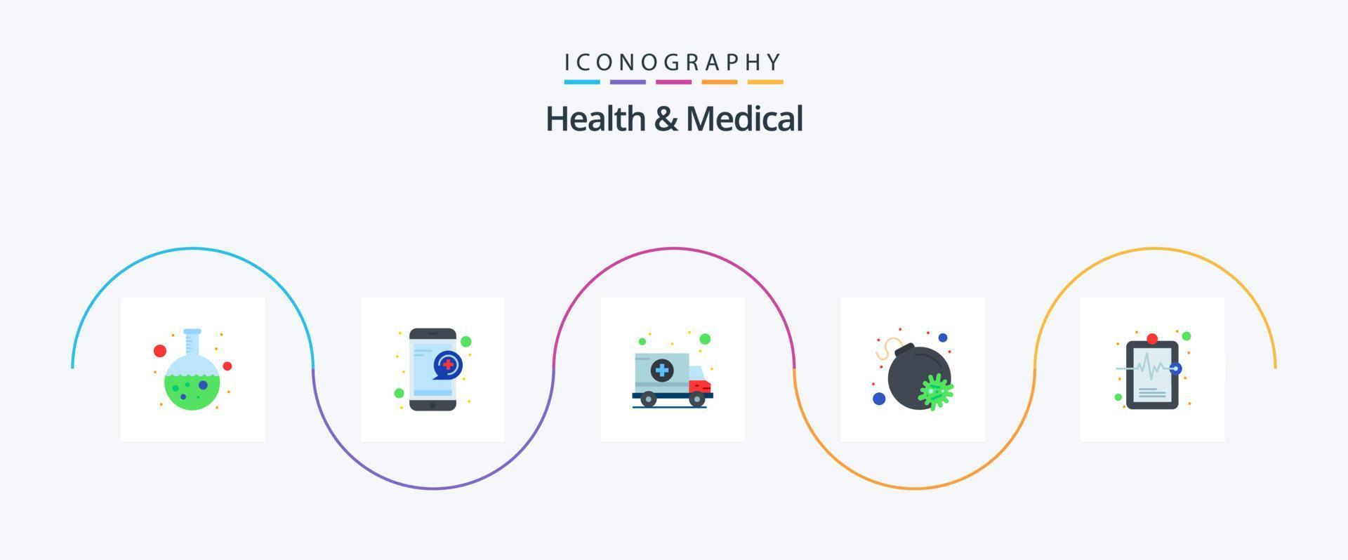 saúde e pacote de ícones planos 5 médicos, incluindo doenças. saúde. ambulância. vírus. ataque vetor