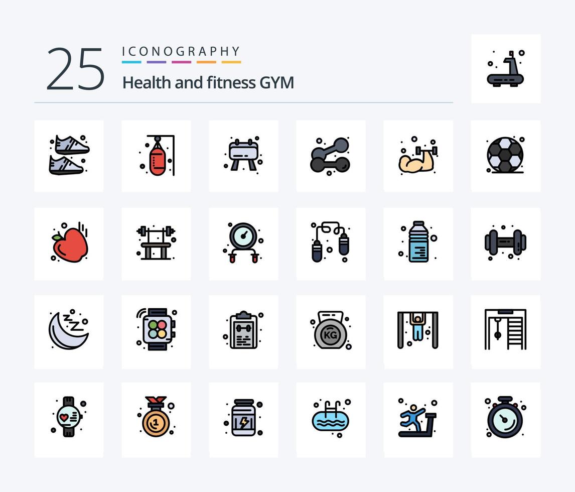 pacote de ícones cheios de 25 linhas de ginásio, incluindo ginásio. levantamento de peso. Esportes. esporte. haltere vetor