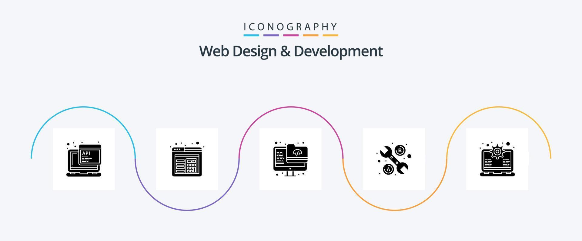 pacote de ícones de glyph 5 de design e desenvolvimento da web, incluindo suporte. computador portátil. pasta. engrenagem. ferramenta vetor