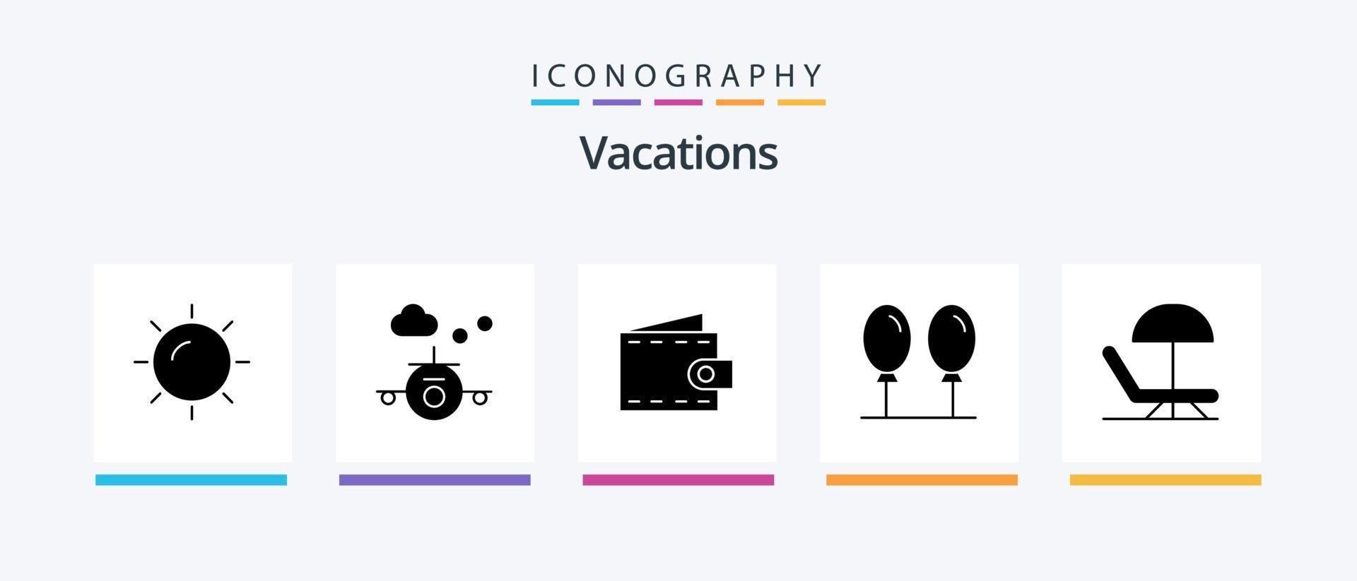 pacote de ícones de glifo 5 de férias, incluindo voar. praia . viagem. bolsa. design de ícones criativos vetor