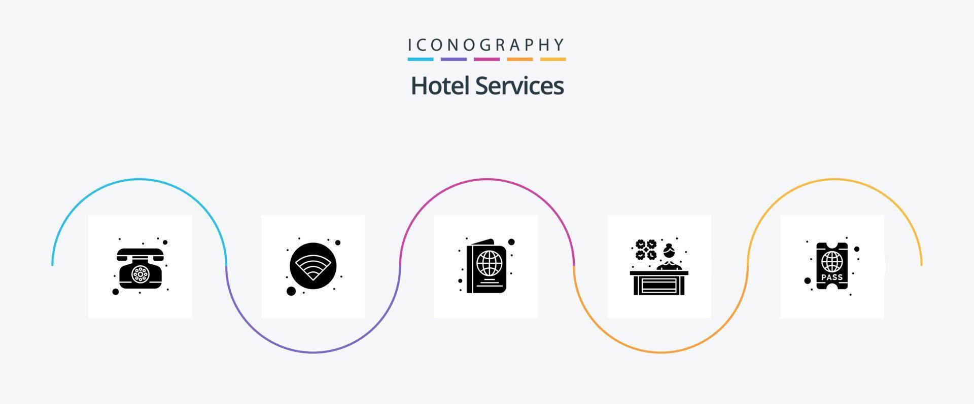 pacote de ícones de glifo 5 de serviços de hotel, incluindo . passar. bilhete. hotel. gerente vetor