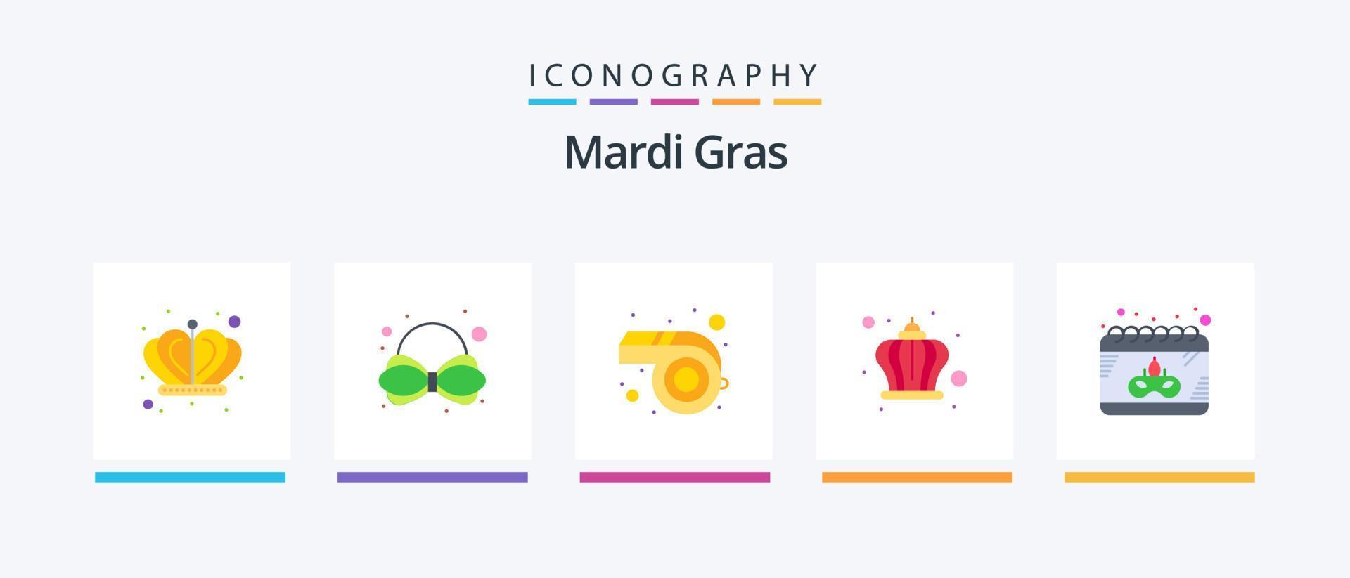 Mardi Gras Flat 5 Icon Pack incluindo . mascarar. assobiar. data. dia. design de ícones criativos vetor