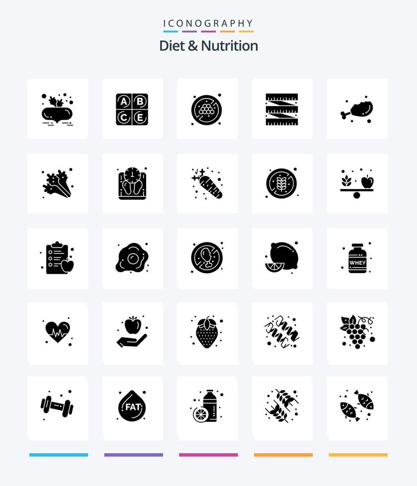 dieta criativa e nutrição pacote de ícones preto sólido de 25 glifos, como dieta. comida. fruta sem uva. dieta. cintura vetor