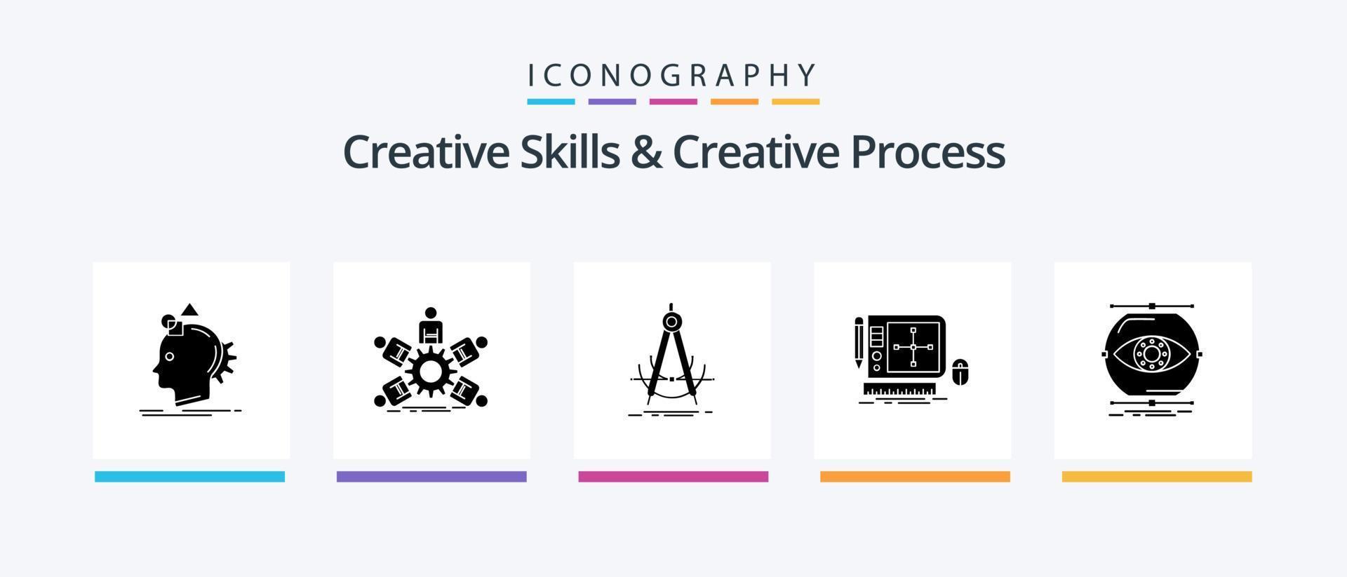 habilidades criativas e pacote de ícones do glifo 5 do processo criativo, incluindo ferramenta. projeto. negócios. medição. geometria. design de ícones criativos vetor