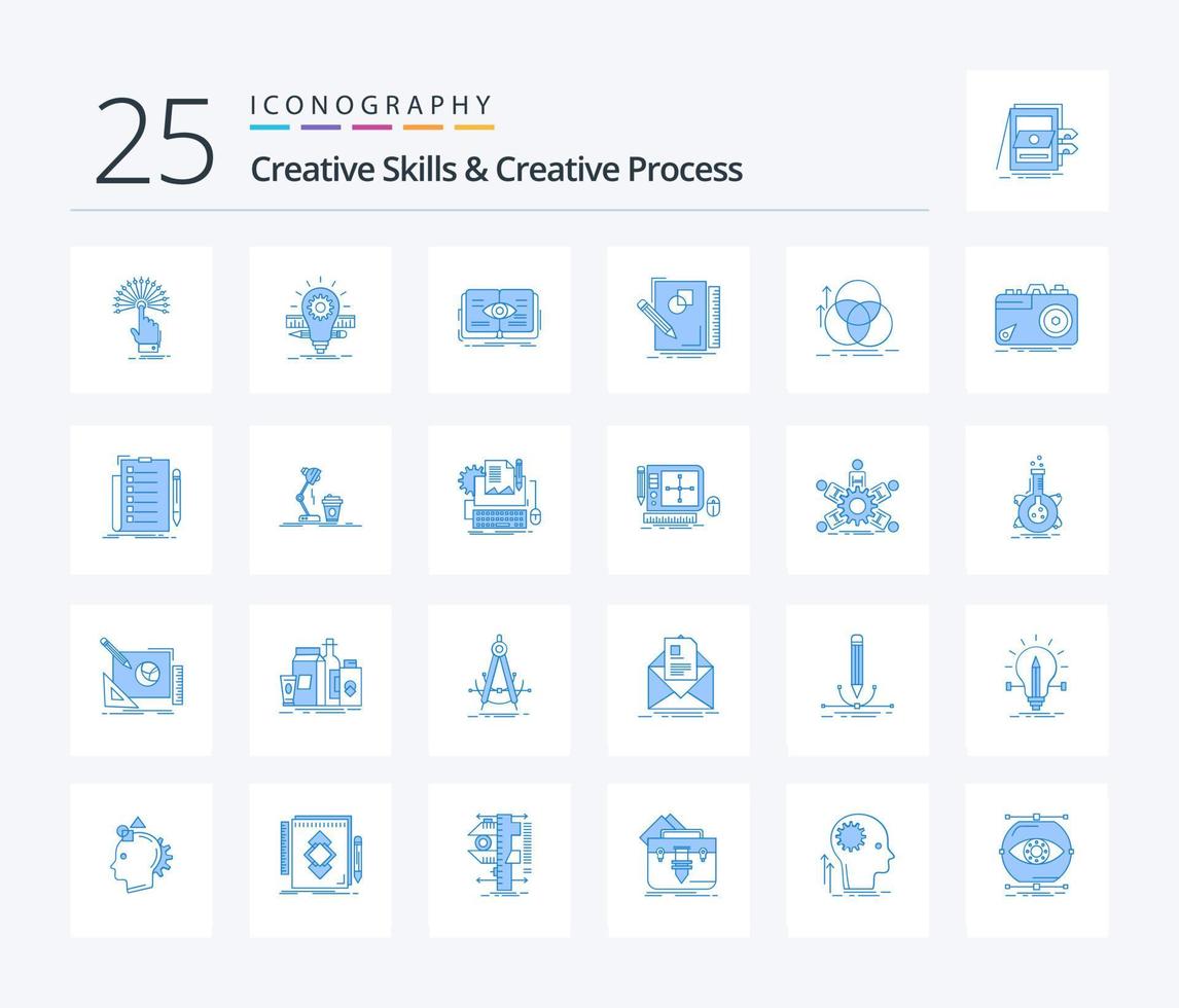 habilidades criativas e processo criativo 25 pacote de ícones de cor azul, incluindo esboços. crescimento. lápis. visualizar. livro vetor