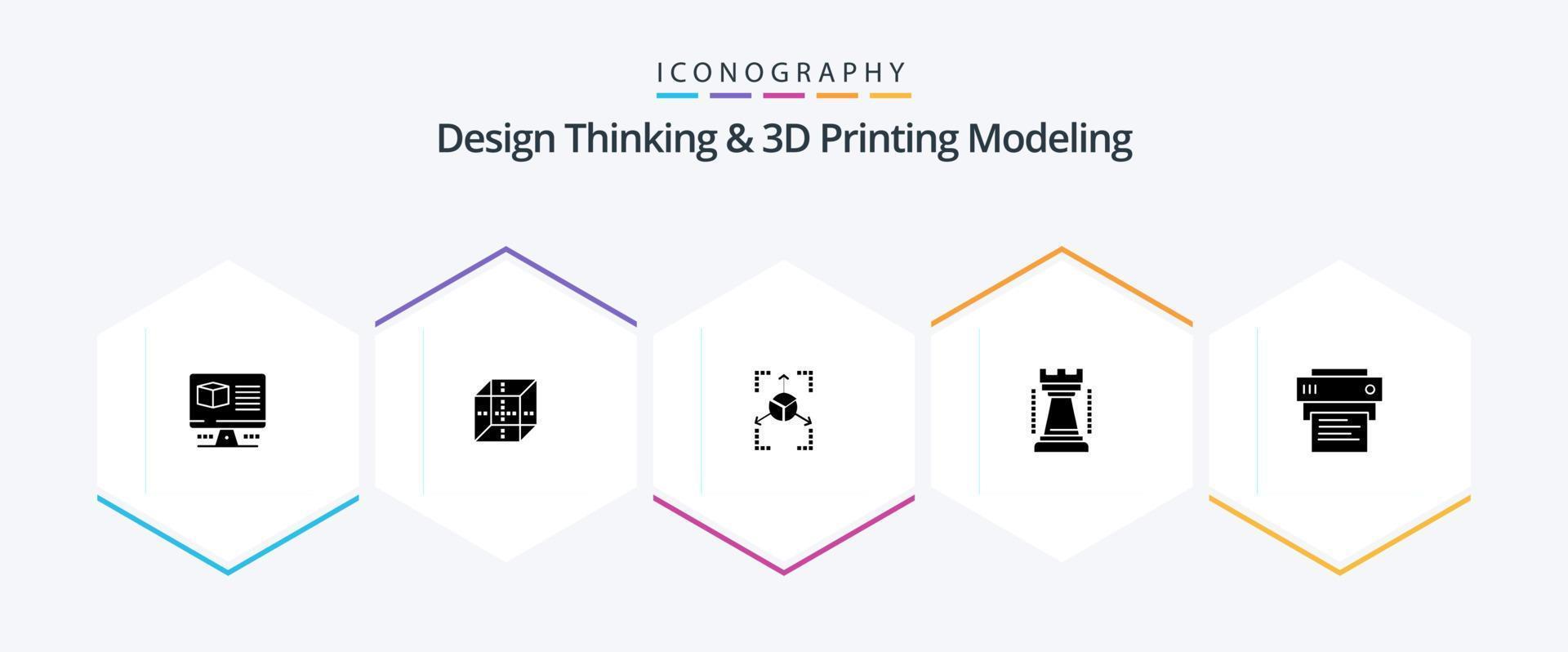 design thinking e modelagem de impressão d Pacote de ícones de 25 glifos, incluindo impressão. Esportes. protótipo. rei. entretenimento vetor