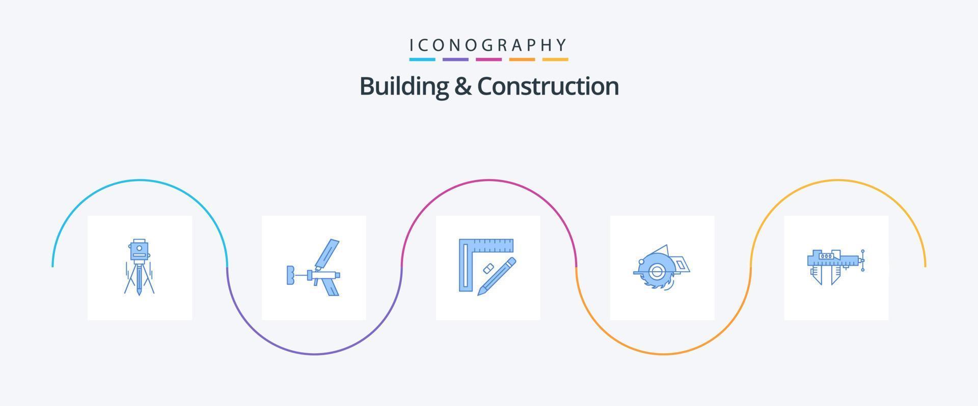 pacote de ícones azul 5 de construção e construção, incluindo serra. reparar. espuma. lápis. governante vetor