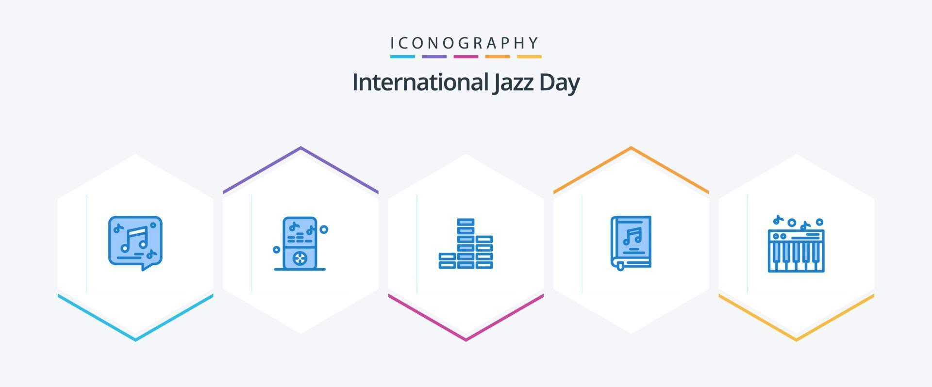 pacote de ícones azuis do dia internacional do jazz 25, incluindo música. música. jogador. multimídia. álbum vetor